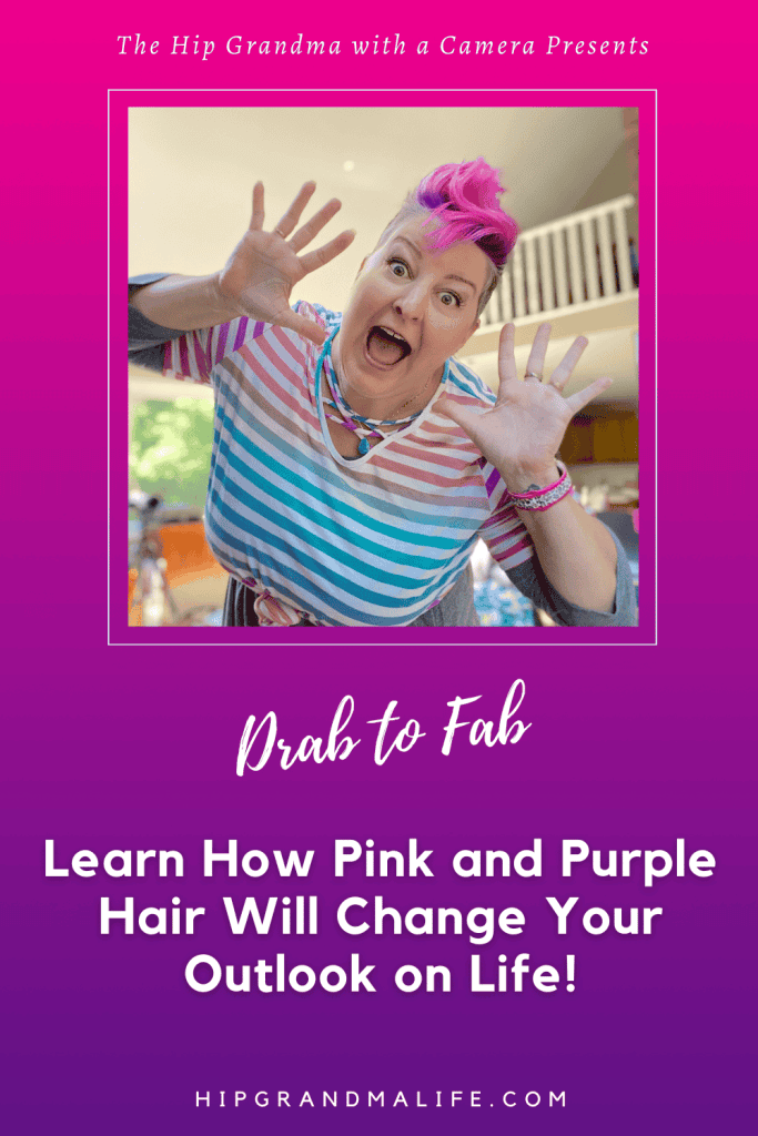 PIN image of post about pink and purple hair with the author smiling author shown
