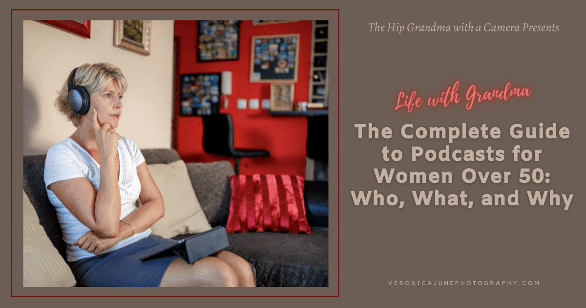 Podcast listening for women over 50, older women enjoying podcasts, senior women with headphones, women over 50 exploring podcasts, mature women digital media.