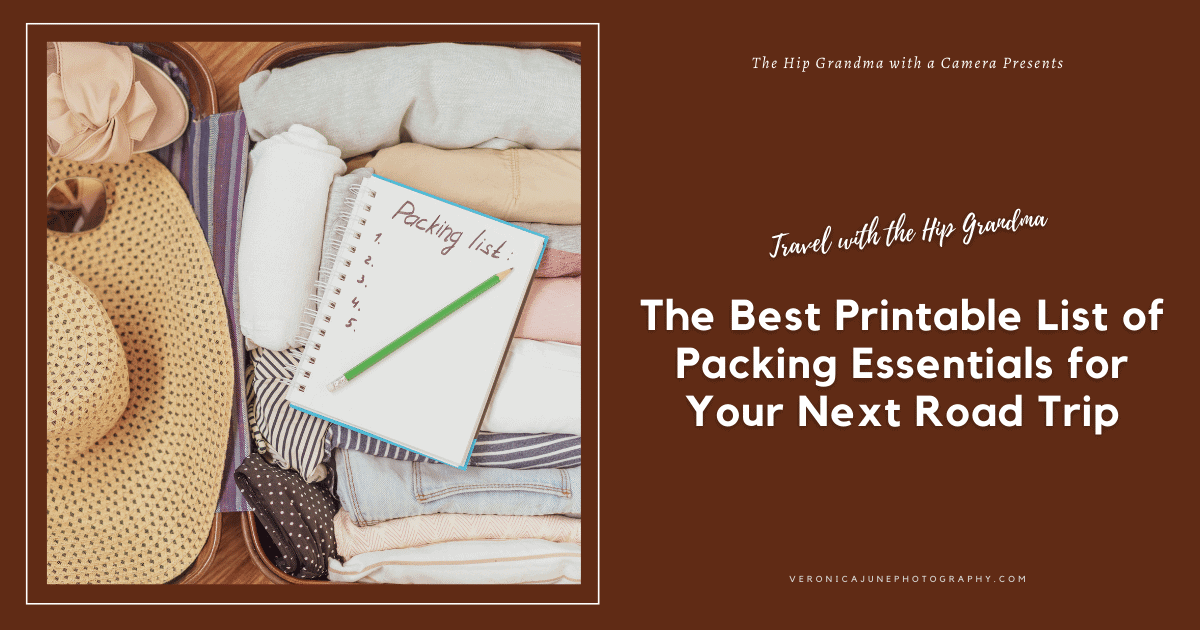 AD image for Road Trip Packing List post with a picture of list making essentials, a notbook, pen, and travel items along with the title of the article