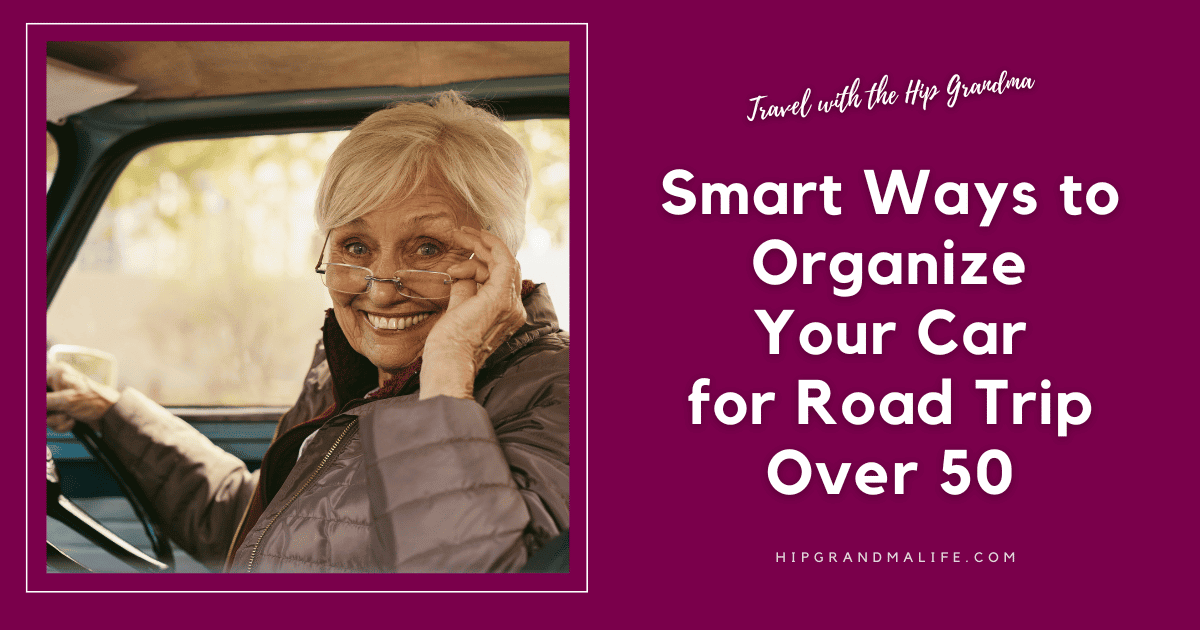 Comfortable senior woman smiling inside a car, enjoying road trip, with glasses on, perfect for over 50 travel tips.