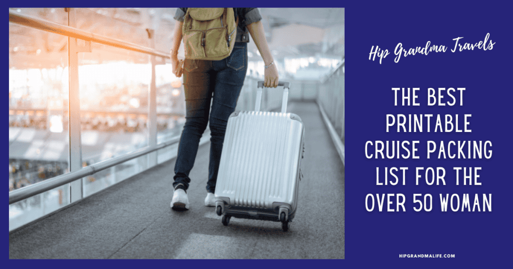 AD image for the Printable Cruise Packing List title page with a woman pulling a suitcase down a walkway.