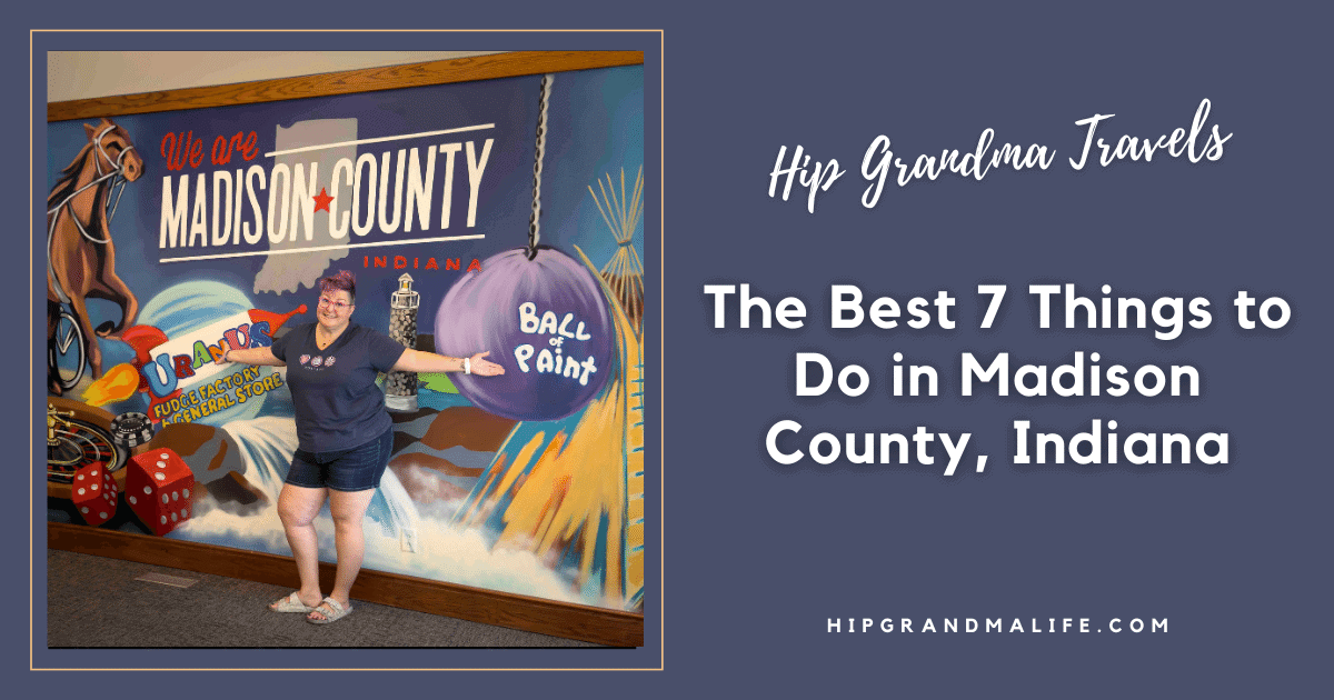 Colorful mural of Madison County, Indiana, featuring a woman enjoying local attractions with vibrant artwork and fun decor.