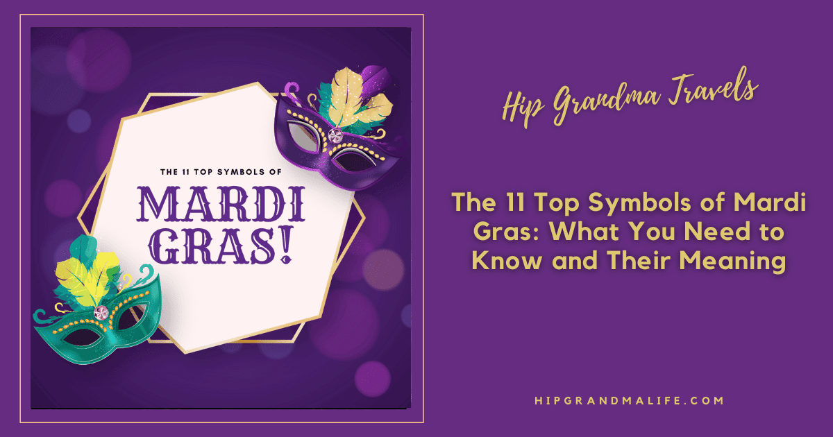 Colorful Mardi Gras celebration masks and festive decorations with purple background, highlighting Mardi Gras symbols and their meanings, perfect for engaging seniors and travel enthusiasts interested in Mardi Gras traditions.