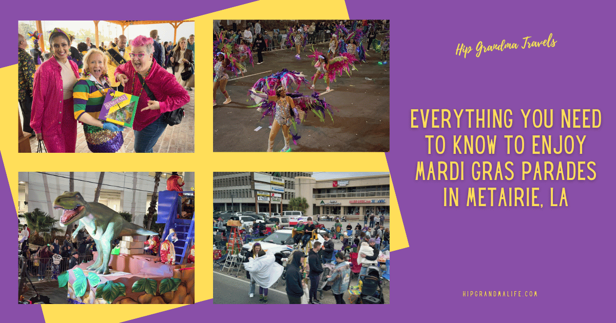Festive Mardi Gras parade scene with dancers in colorful costumes, a dinosaur float, and lively crowd in Metairie, LA.