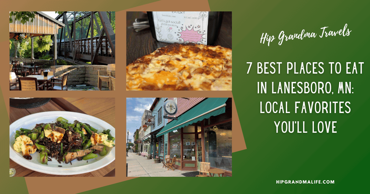 Collage of restaurants and dishes in Lanesboro Minnesota showcasing local dining spots and downtown charm