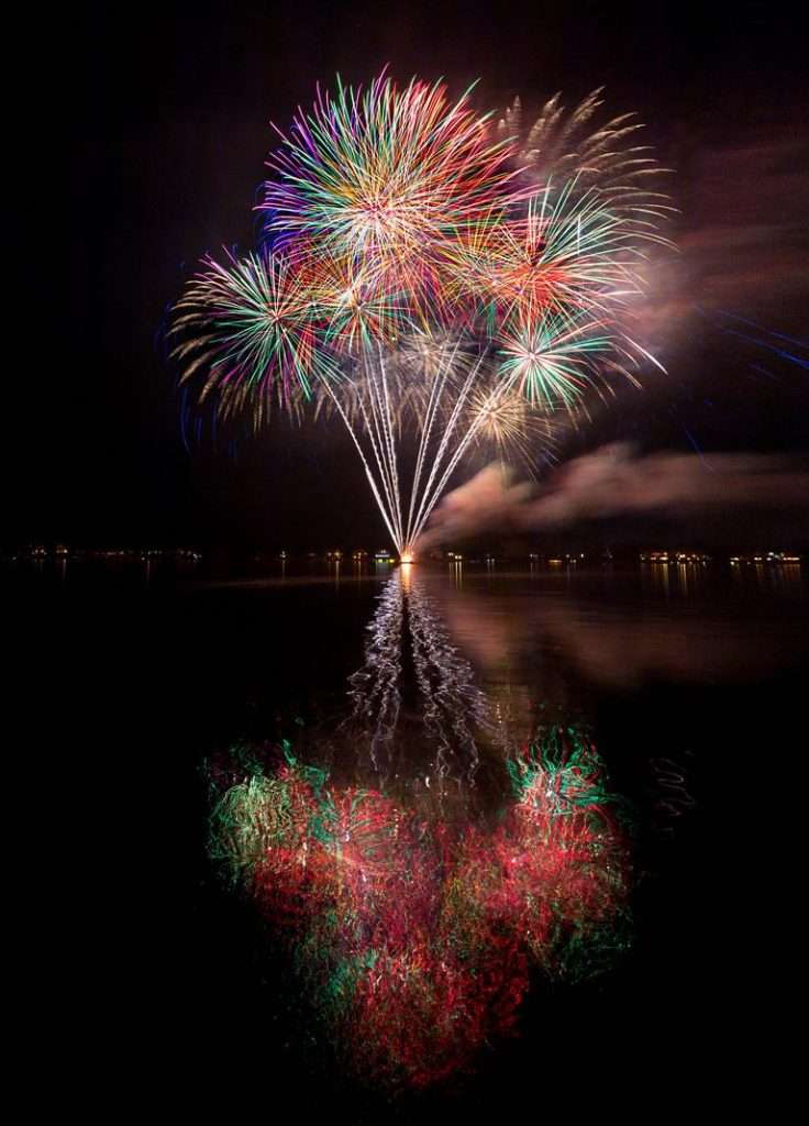 Fireworks reflecting in a lake with a black background