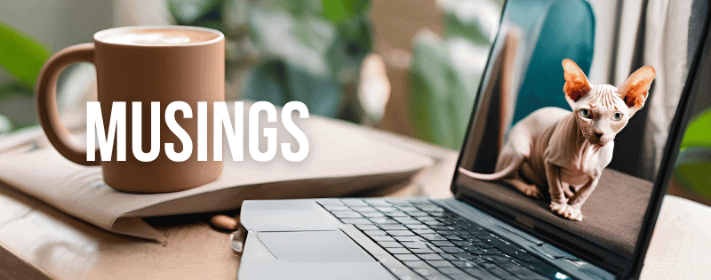 A cat emerging from a laptop screen with a coffee mug nearby, symbolizing the playful musings of a stylish, tech-savvy grandma; perfect for content about modern grandma lifestyle and hobbies.