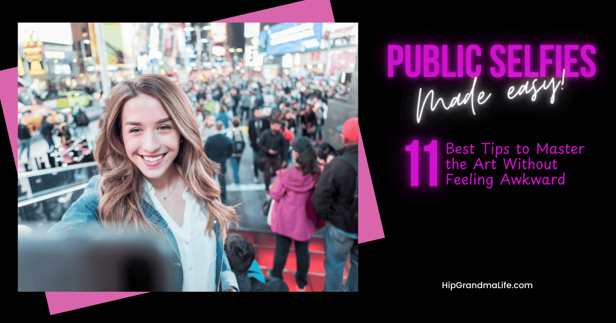 Smiling woman taking a selfie in a busy city crowd for public selfies tips.