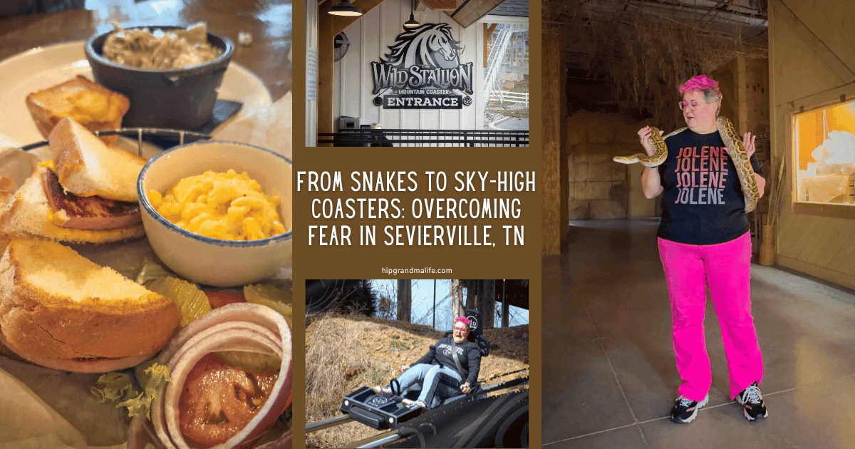 Satisfying breakfast platter with eggs, toast, and sides; indoor mountain coaster entrance with "Wild Stallion" sign; woman wearing pink pants and sunglasses holding a snake at an indoor exhibit; woman riding a mountain coaster in Sevierville, TN, demonstrating adventure and overcoming fears.