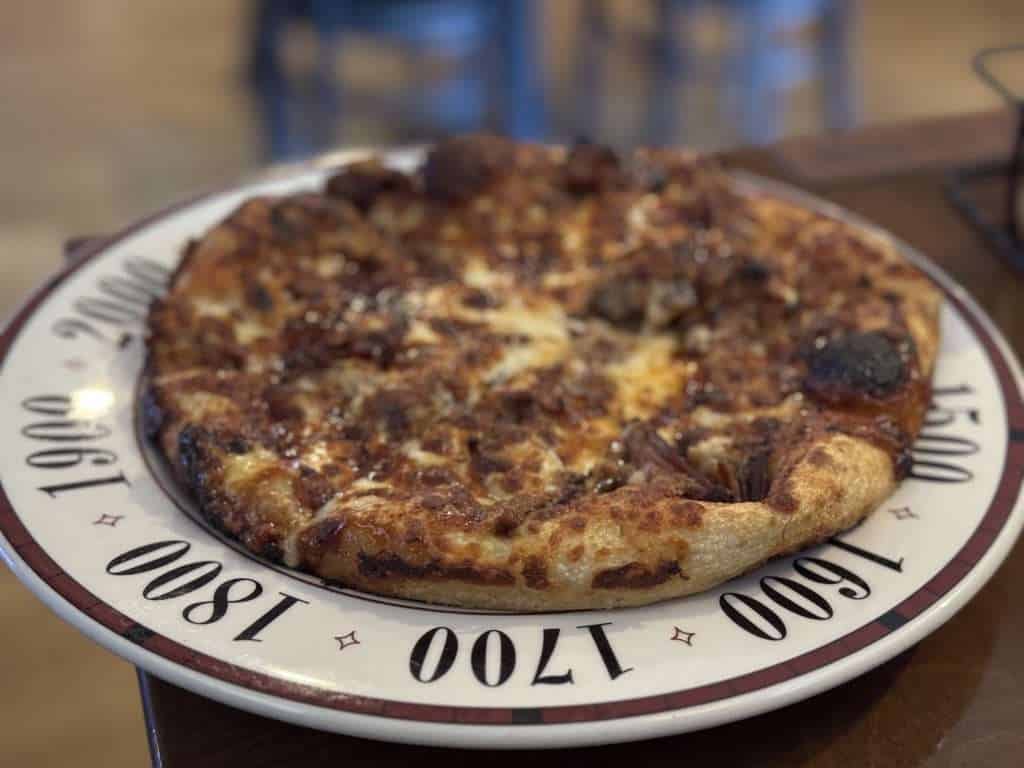 Smoked brisket flatbread pizza served hot and crispy at Linder’s Tavern in LaGrange, Indiana.