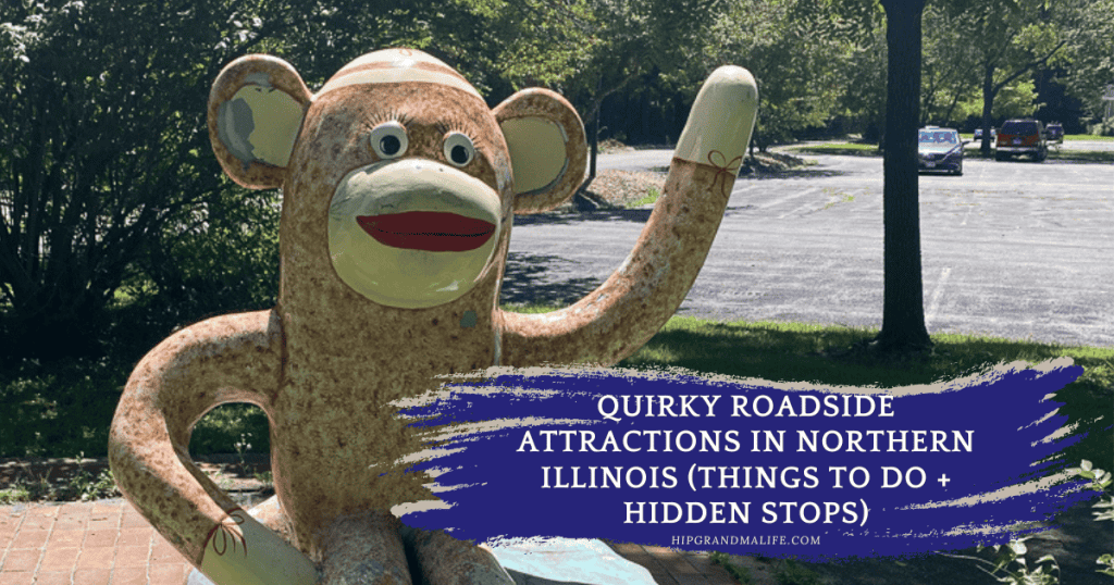 Sock monkey statue in Rockford Illinois at Midway Village Museum, a quirky roadside attraction in Northern Illinois