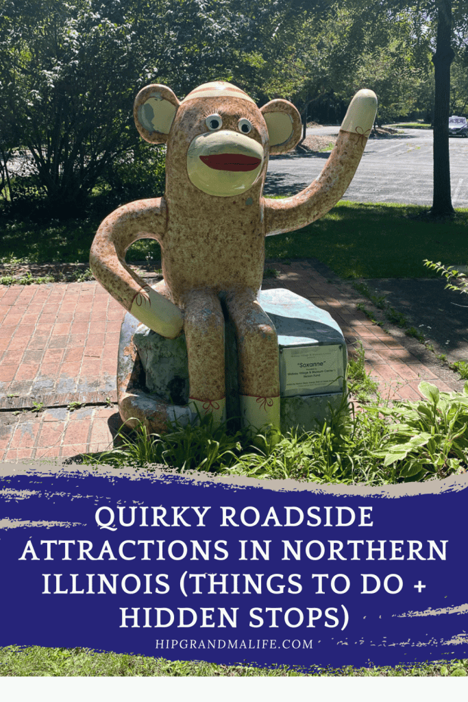 PIN image showing a Sock monkey statue in Rockford Illinois at Midway Village Museum, a quirky roadside attraction in Northern Illinois