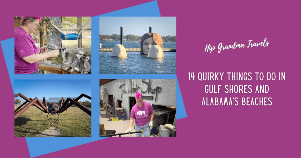 Collage featuring quirky attractions in Gulf Shores and Alabama's Beaches including lemurs at the Alabama Gulf Coast Zoo, Lady in the Bay sculpture, giant spider sculpture, and a glassblowing demonstration.