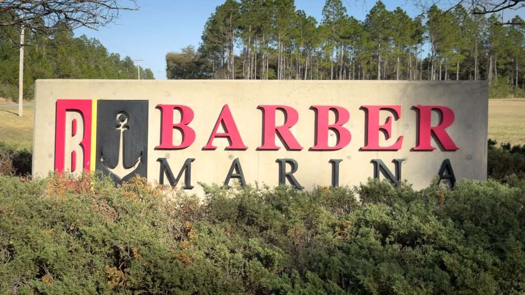 Barber Marina entrance sign along the road in Elberta, Alabama