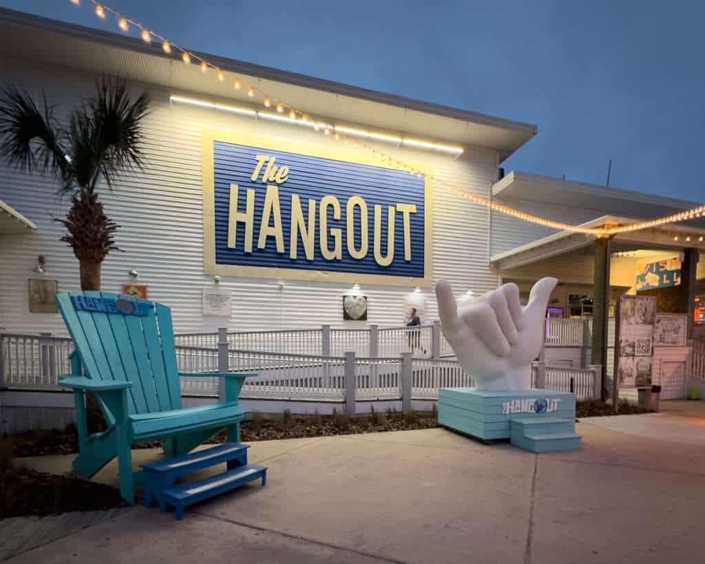 Exterior of The Hangout restaurant at night in Gulf Shores, Alabama