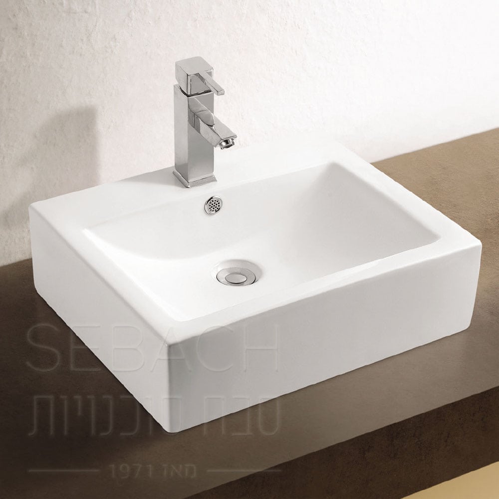 כיור חרס מונח דגם נוי, מידות 51x42x15 ס"מ, עיצוב קלאסי ומאוזן להתקנה על משטח
