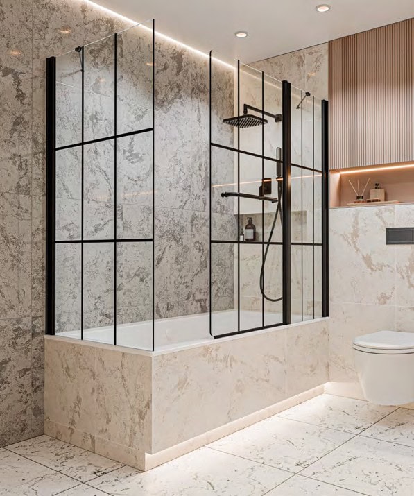 אמבטיון פינתי דופן קבועה ודלת ציר עם דופן צד שחור מט - זכוכית פסים