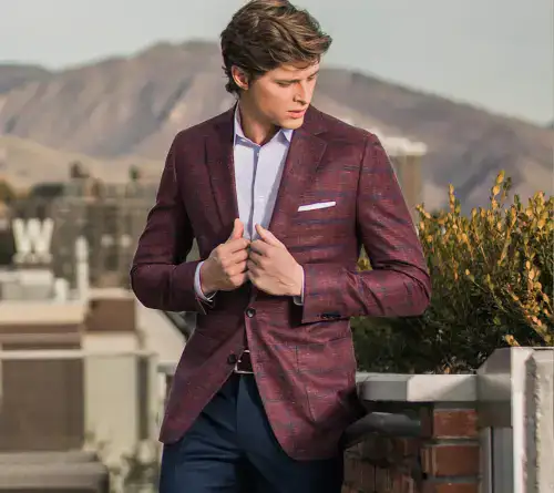 Men's burgundy blazer for formal and business wear, ideal for professional settings and stylish occa.