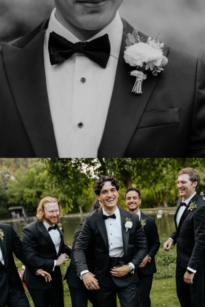 Groom in classic black tuxedo with white shirt and bow tie, wearing a floral boutonniere for a weddi.