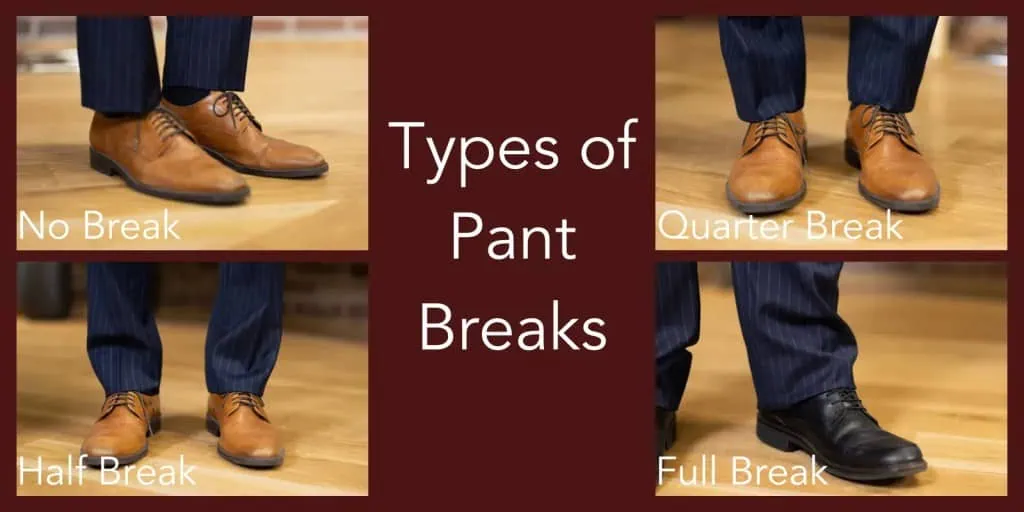 Different types of pant breaks including no break, quarter, half, and full break styles.
