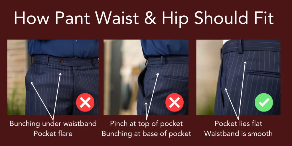Close-up of tailored men's dress pants showing fit and waistband details.
