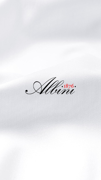 Alvini 1876 fabric logo on white textile background.