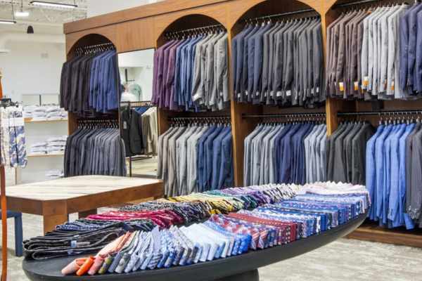 Men's dress shirts in various colors displayed in a clothing store.