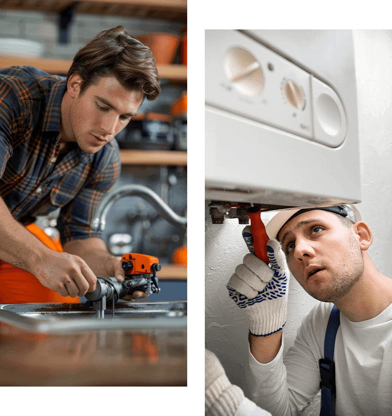DIY plumbing repair with tools, handyman fixing sink, plumber working on water heater, professional plumbing service, Handyrex.