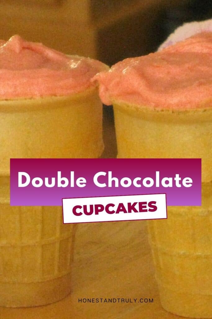 Image shows close-up picture of double chocolate cupcakes.
