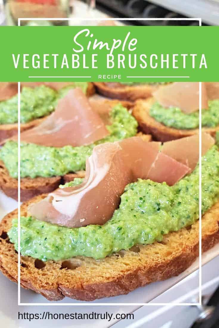 Easy green vegetable bruschetta recipe is perfect for parties. It's a light and healthy vegetable bruschetta for a simple crostini appetizer. Top it with prosciutto for a gorgeous appetizer your guests will love. And yes, it is a make ahead appetizer. Just prep the pieces and assemble it just before serving. #appetizer #bruschetta #crostini #vegetables