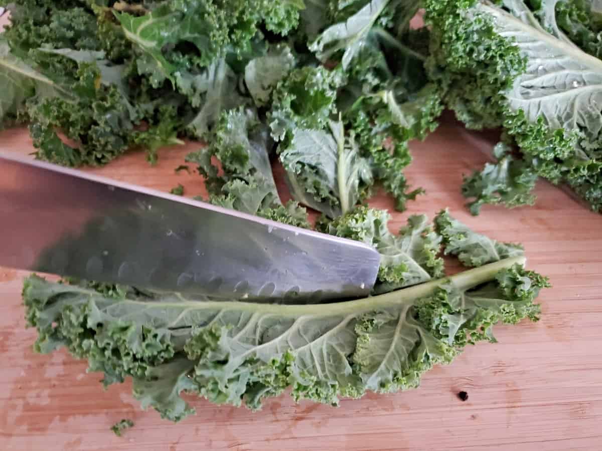 Knife cutting leaves off kale.