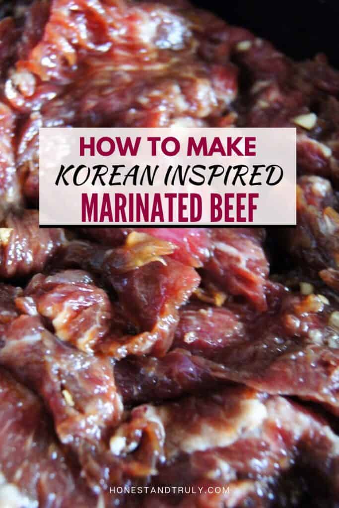 Image shows close-up picture of marinated beef.