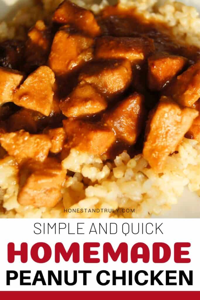 Image shows close-up picture of peanut chicken with rice.