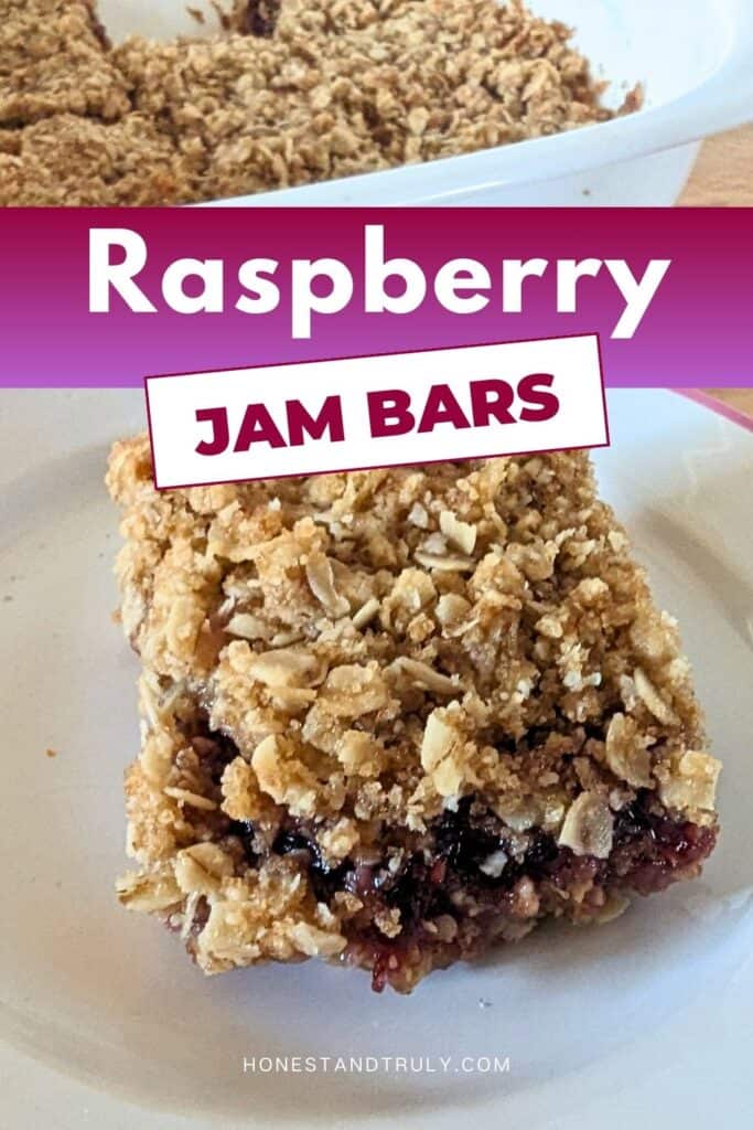 Image shows a Three quarters shot of jam bar with text Raspberry Jam Bars.