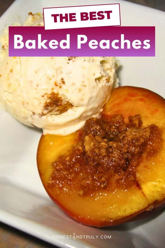 Image shows close-up picture of baked peaches on a serving plate.