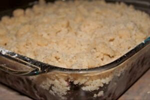 Baked Blueberry Crisp in a pyrex dish.
