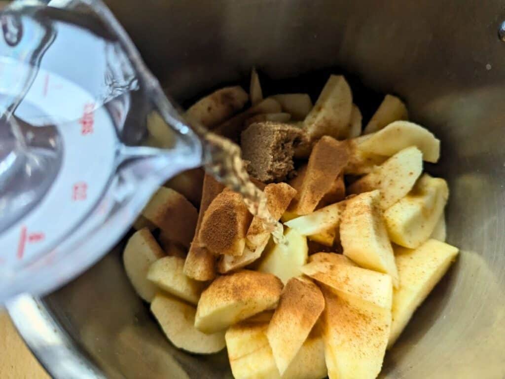Image shows water added to the pieces of apple with brown sugar and other spices.