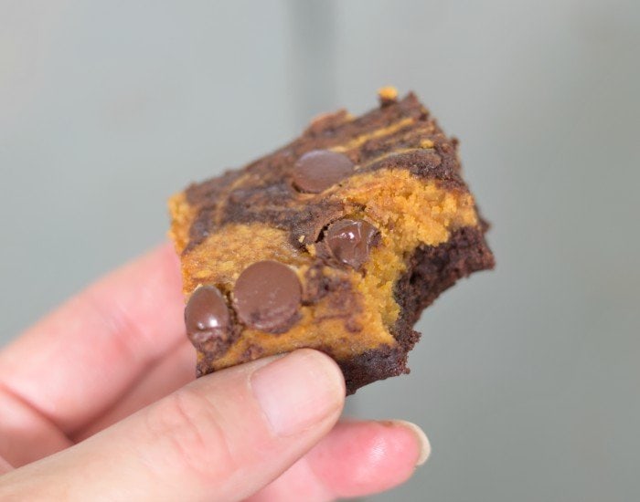 Bite of homemade pumpkin swirl brownie
