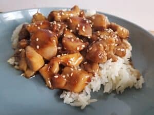 Close up of honey glazed chicken and rice with sesame seeds.
