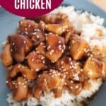 Image shows and Overhead of honey glazed chicken with text fast and easy honey glazed chicken.
