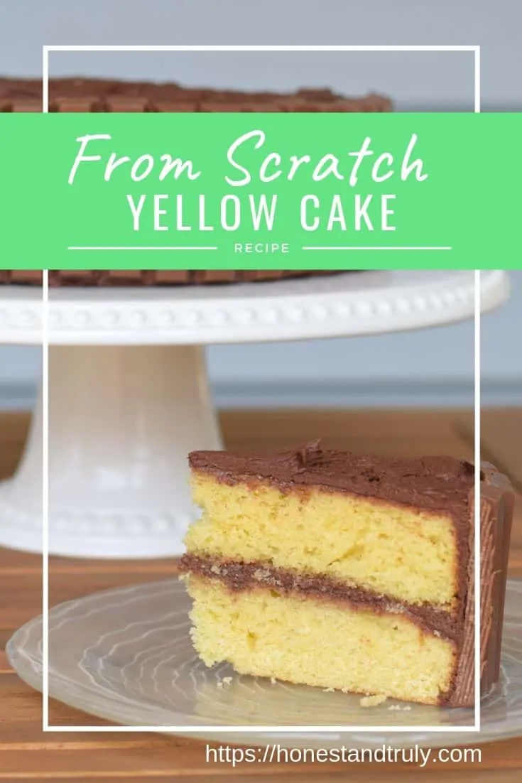 This yellow cake is a classic. It pairs perfectly with so many different fillings and frostings. Make it in a 13x9 pan for easy serving or create a traditional round layer cake. #cake #fromscratch #easyrecipes #yellowcake
