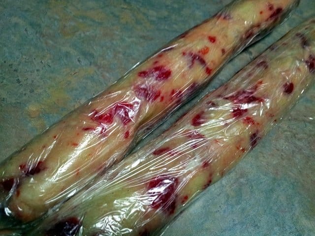 Cherry cookie dough ready to chill Cherry cookie dough logs