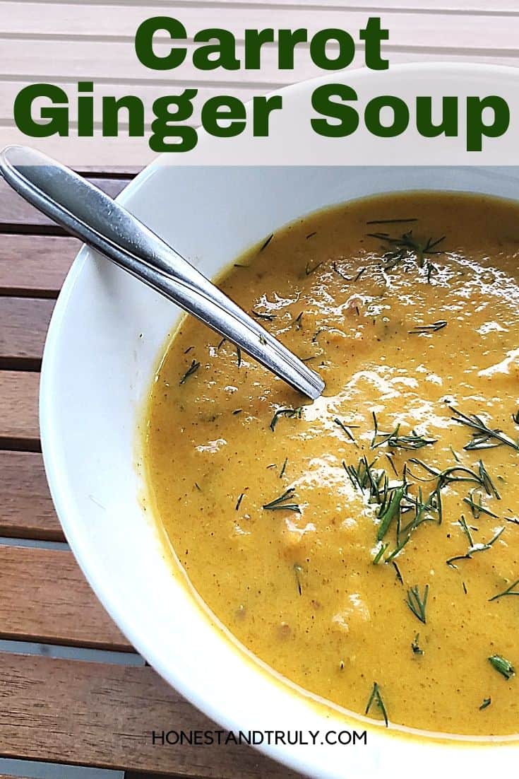 Tall image of a bowl of carrot soup close up