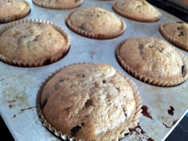 Banana chip muffins in the pan