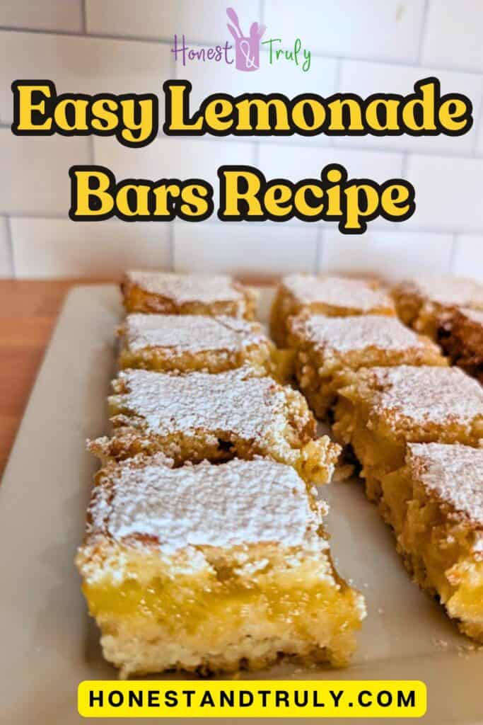 A plate of baked lemonade bars topped with powdered sugar is displayed on a wooden surface, with text overlay reading "Easy Lemonade Bars Recipe.