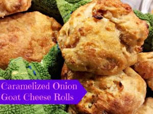 Goat cheese and caramelized onion rolls. This fun recipe has so much flavor, and it is a perfect unique dinner rolls to complement your dinner. Have fun with your side dish! #caramelizedonions #bread #yeast #dinnerrolls