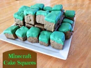 Image shows minecraft cake squares.