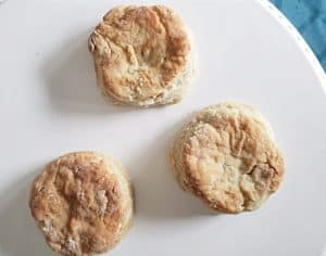 Three biscuits on a white plate seen from overhead.