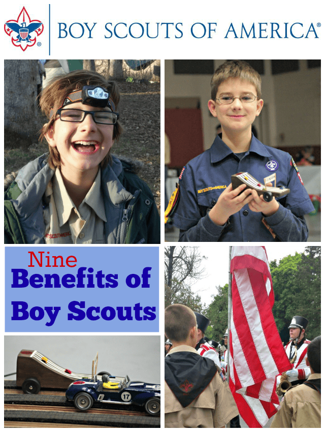 Collage of a boy with four typical Boy Scout moments and text 9 Benefits of Boy Scouts.