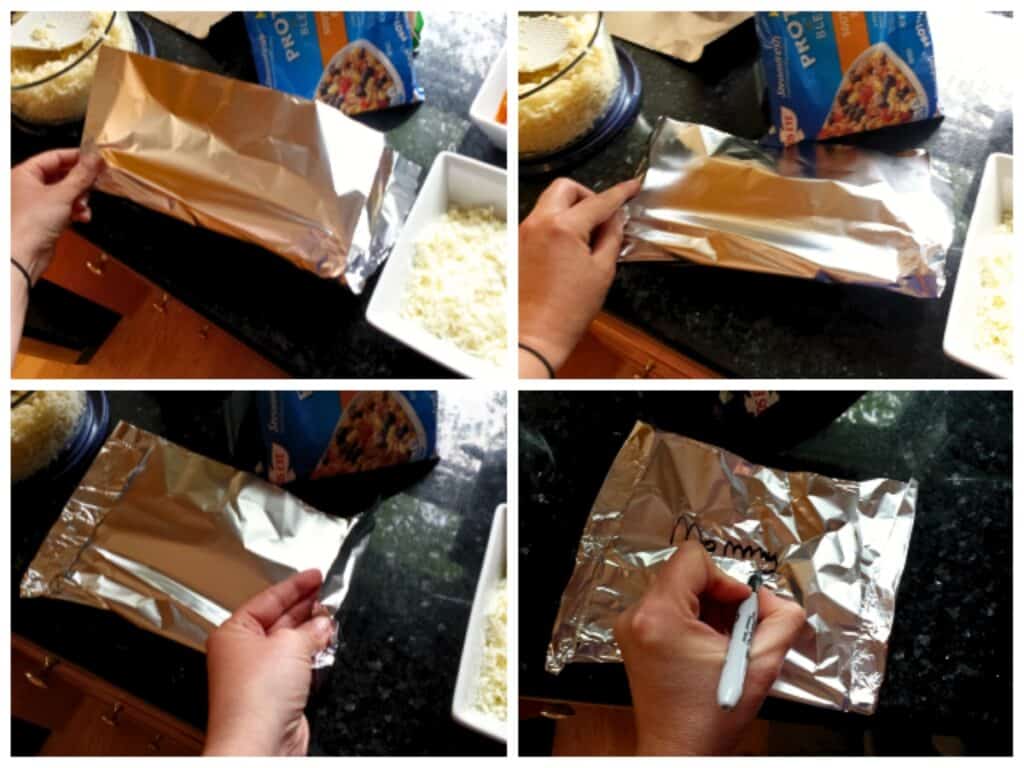 Four-step process of wrapping food in foil: placing contents, folding edges, sealing sides, and labeling the packet with a marker—perfect for preparing grilled chicken pockets.